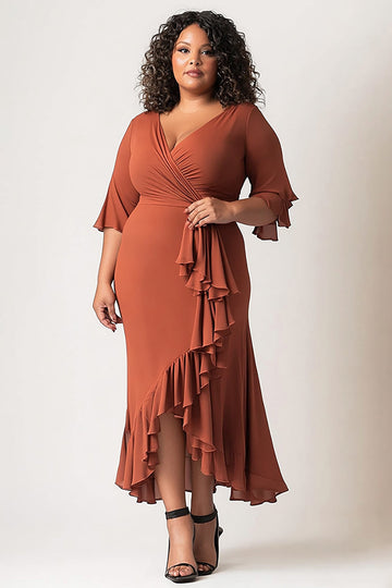 Terakota Plus Size Szyfon Długa Sukienki Na Wesele z Falbankami